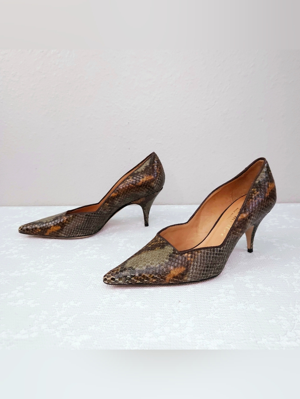 Bettye Muller Snakeskin Kitten Heel Pumps